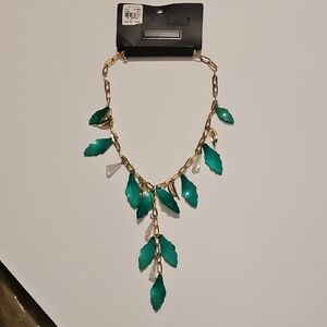 New York & Company Green Leaf Necklace with Gold Chain